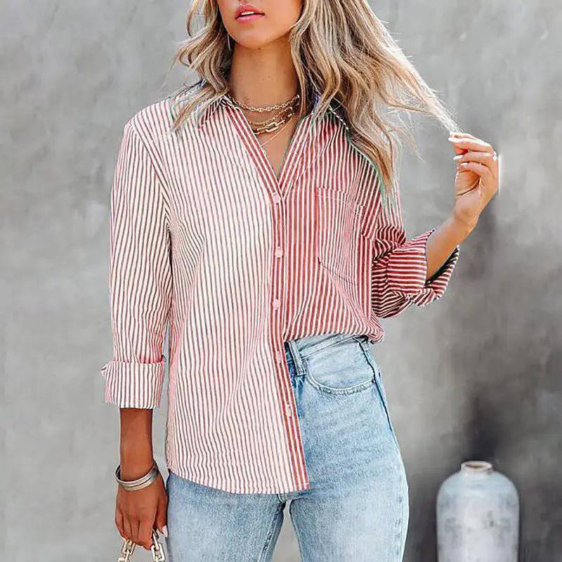 Cozy Striped Print Long-Sleeved Cardigan Shirt for Women  S Pink 