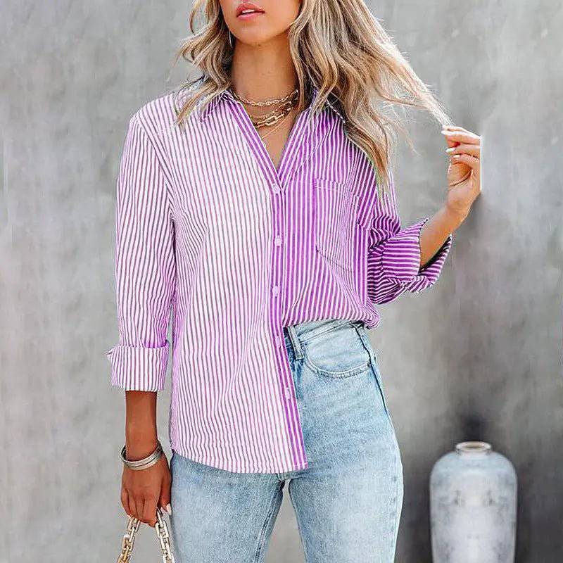 Cozy Striped Print Long-Sleeved Cardigan Shirt for Women  S Purple 