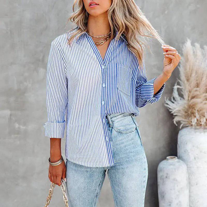 Cozy Striped Print Long-Sleeved Cardigan Shirt for Women  S Blue Article 