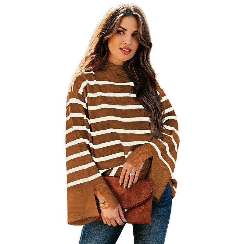 Cozy Striped Turtleneck Sweater for Women Warm and Stylish Pullover  S Brown 