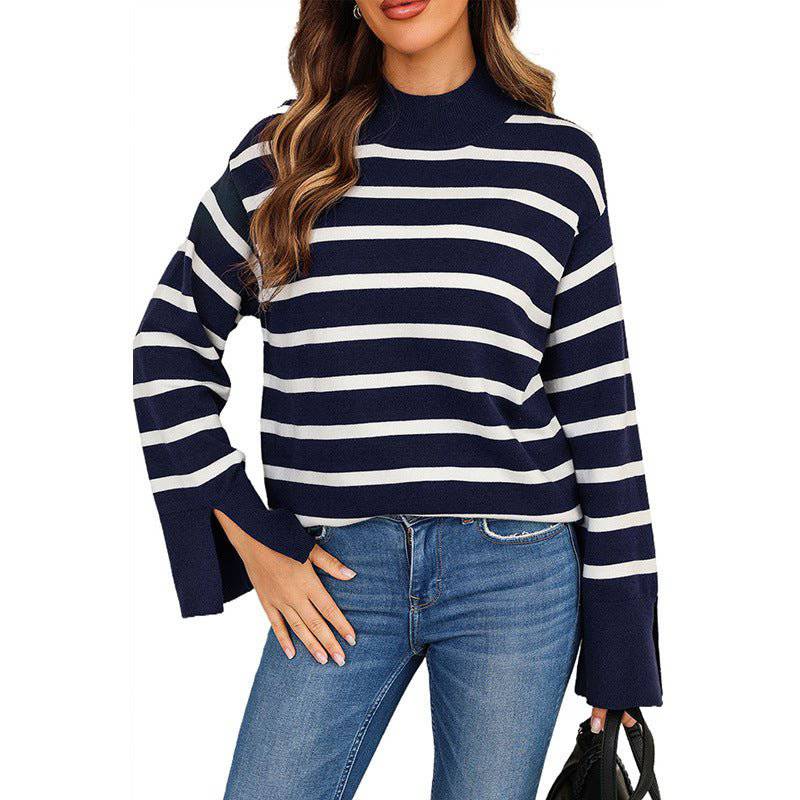 Cozy Striped Turtleneck Sweater for Women Warm and Stylish Pullover  S Dark Blue 