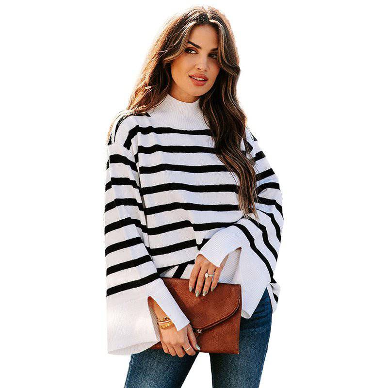 Cozy Striped Turtleneck Sweater for Women Warm and Stylish Pullover  S White 