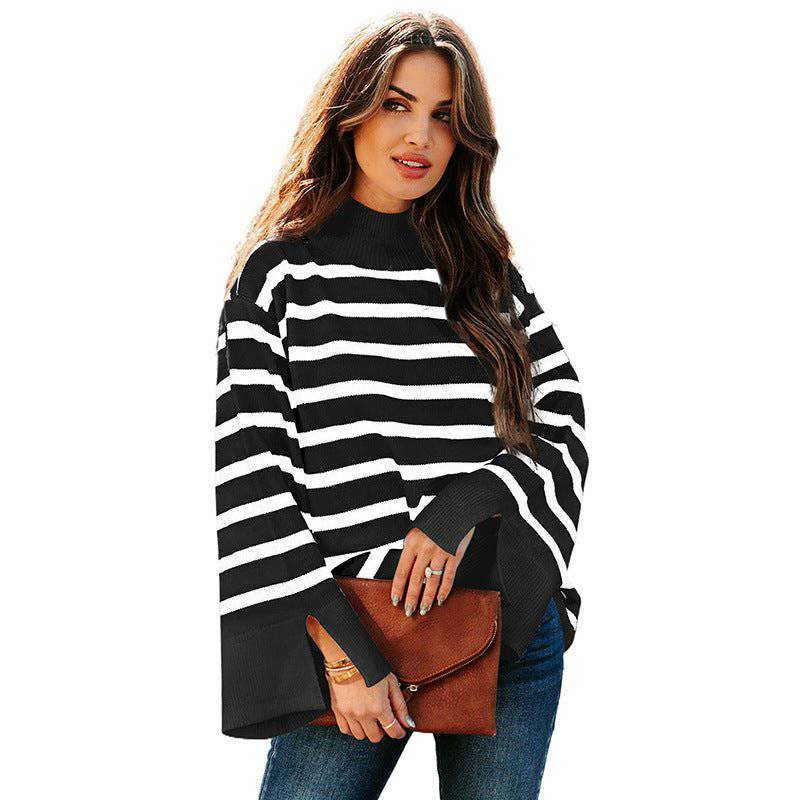 Cozy Striped Turtleneck Sweater for Women Warm and Stylish Pullover  S Black 