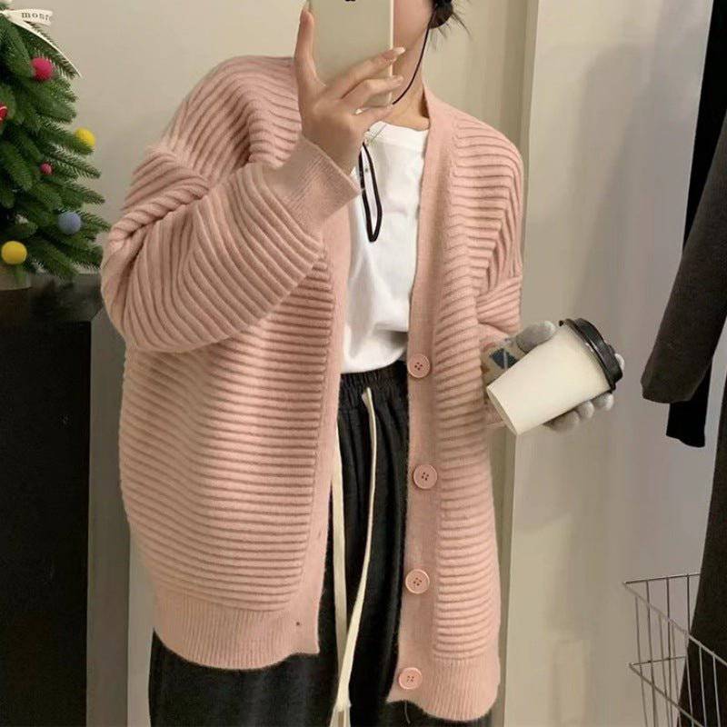 Cozy Striped V Neck Knitted Sweater Cardigan Coat for Autumn and Winter  S Pink 