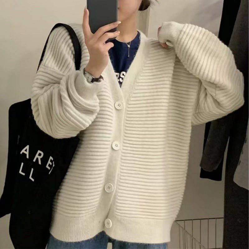 Cozy Striped V Neck Knitted Sweater Cardigan Coat for Autumn and Winter  S Apricot 