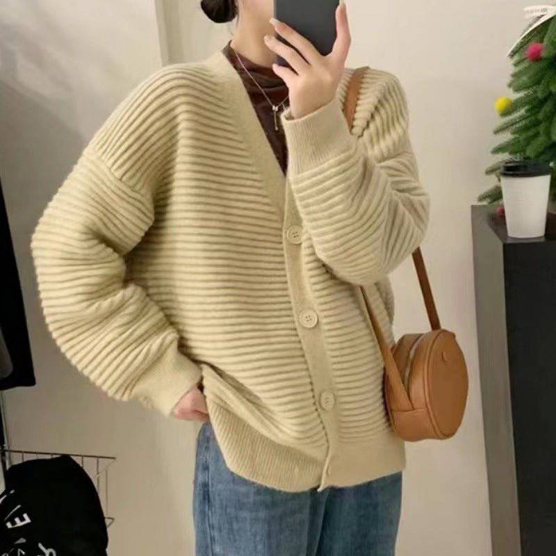 Cozy Striped V Neck Knitted Sweater Cardigan Coat for Autumn and Winter    