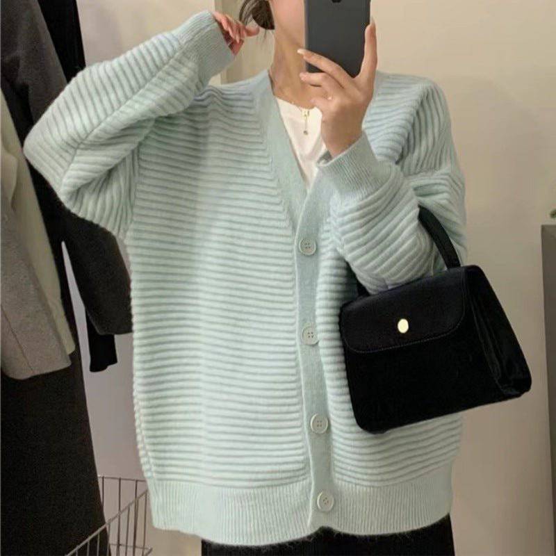 Cozy Striped V Neck Knitted Sweater Cardigan Coat for Autumn and Winter  S Light Blue 