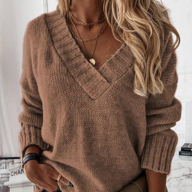 Cozy V-Neck Long Sleeve Pullover Sweater for Women  S Deep Khaki 