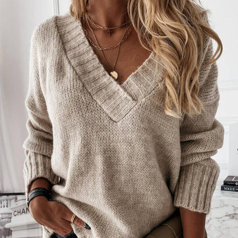 Cozy V-Neck Long Sleeve Pullover Sweater for Women  S Apricot 