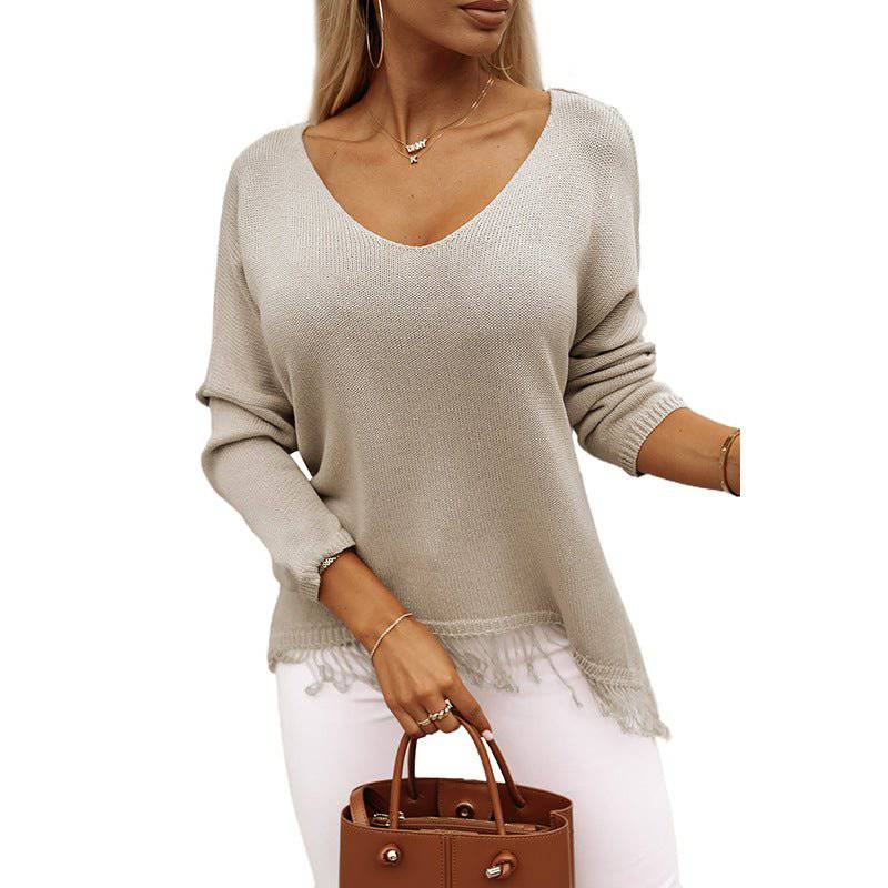 Cozy V-Neck Tassel Sweater for Women - Stylish Autumn Pullover with Fringe Detail  XS Khaki 