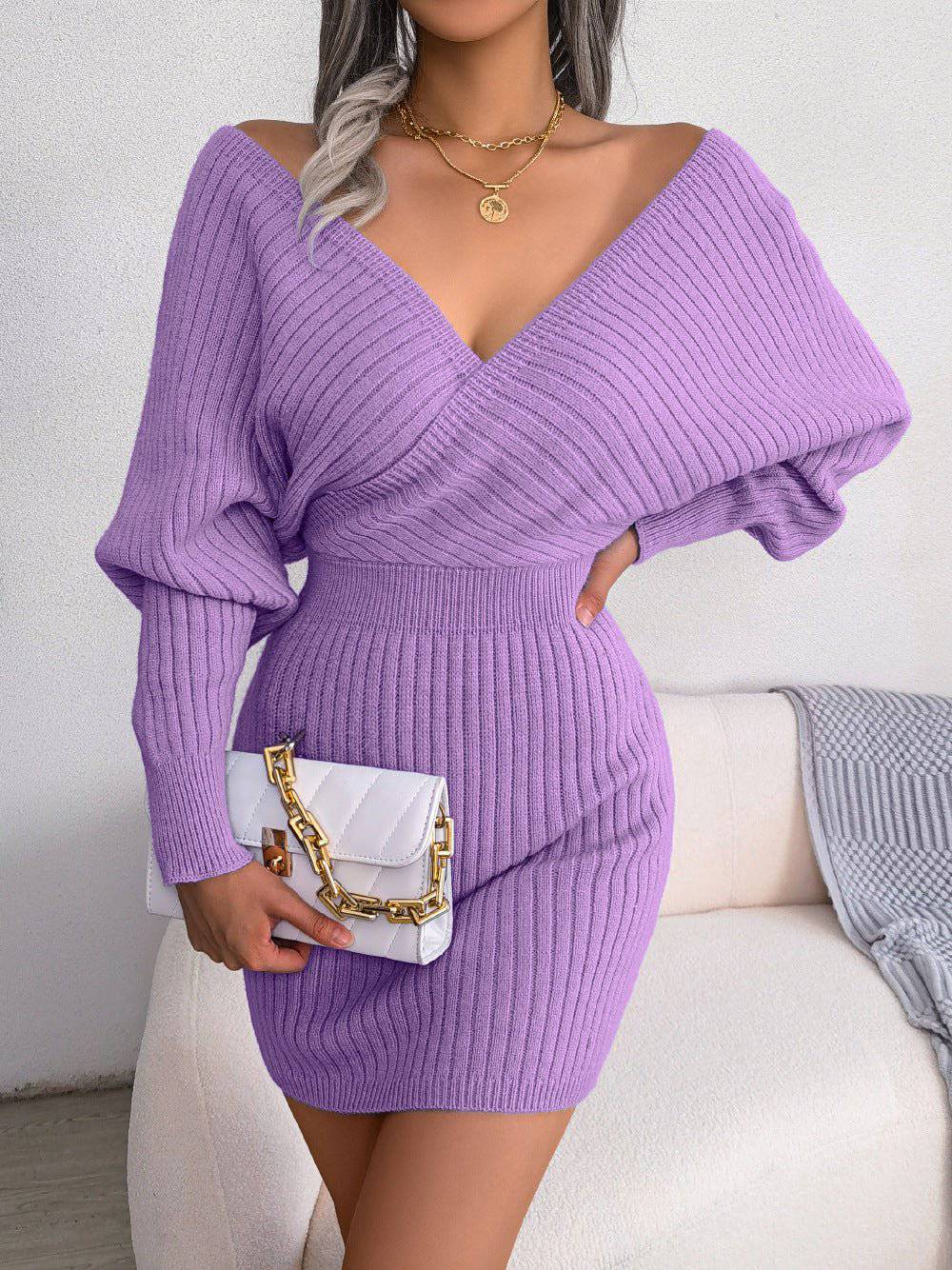 Cozy V-Neck Woolen Sheath Dress for Women  S Purple 