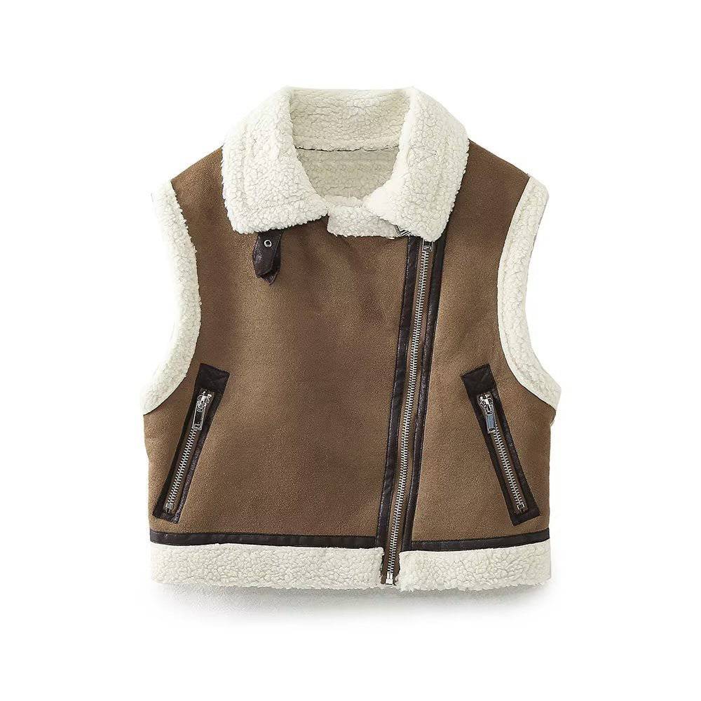 Cozy Zip-Up Faux Shearling Vest for Women  XS Khaki 