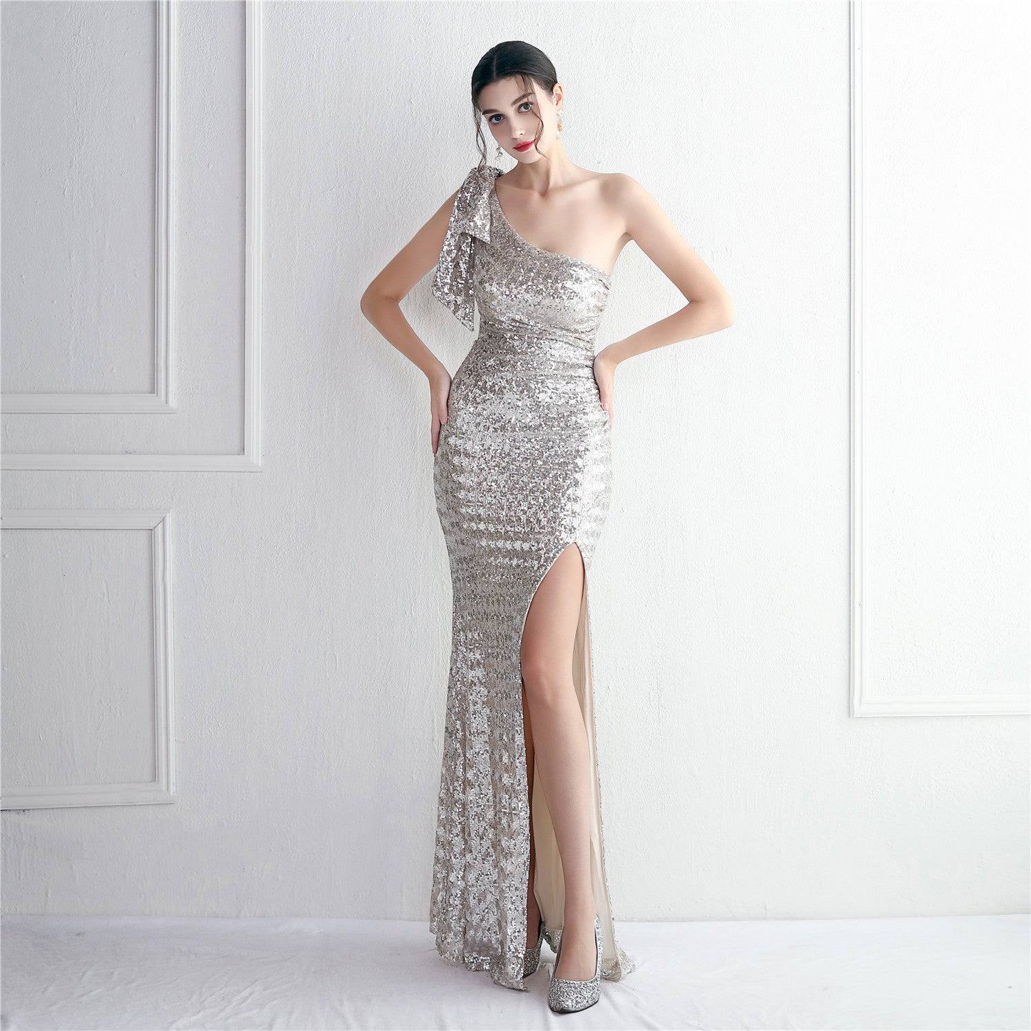 Craft Sequined One-Shoulder Fishtail Dress  S Apricot silver 