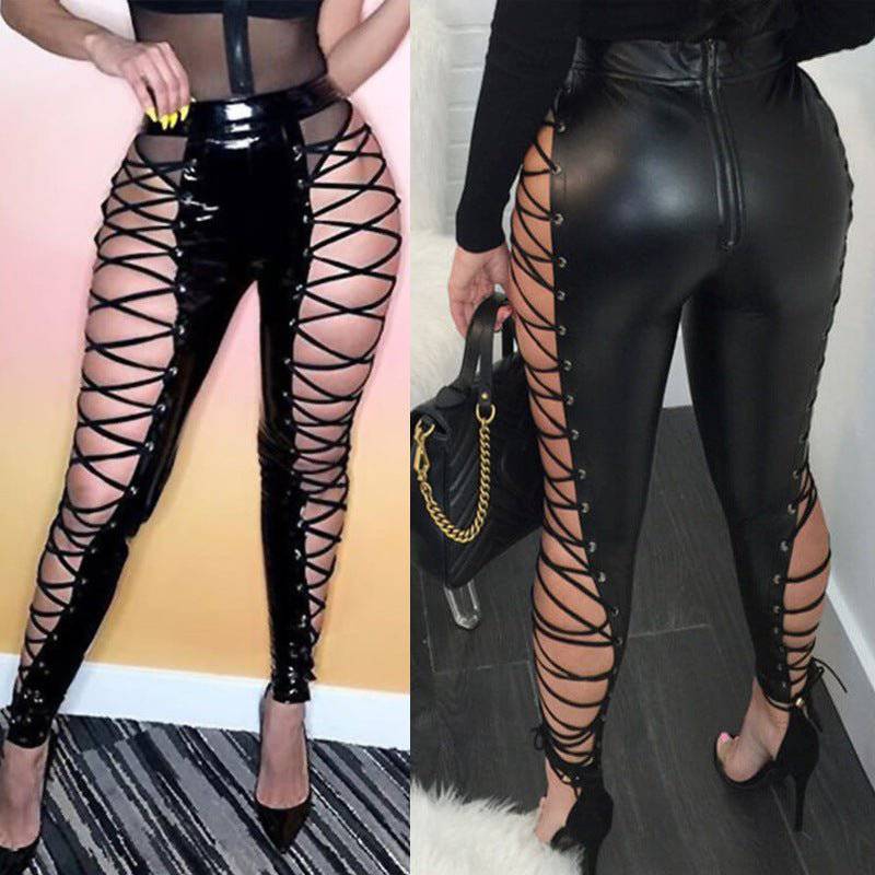 Criss Cross Strap Faux Leather Pants with Lace-Up Detail    