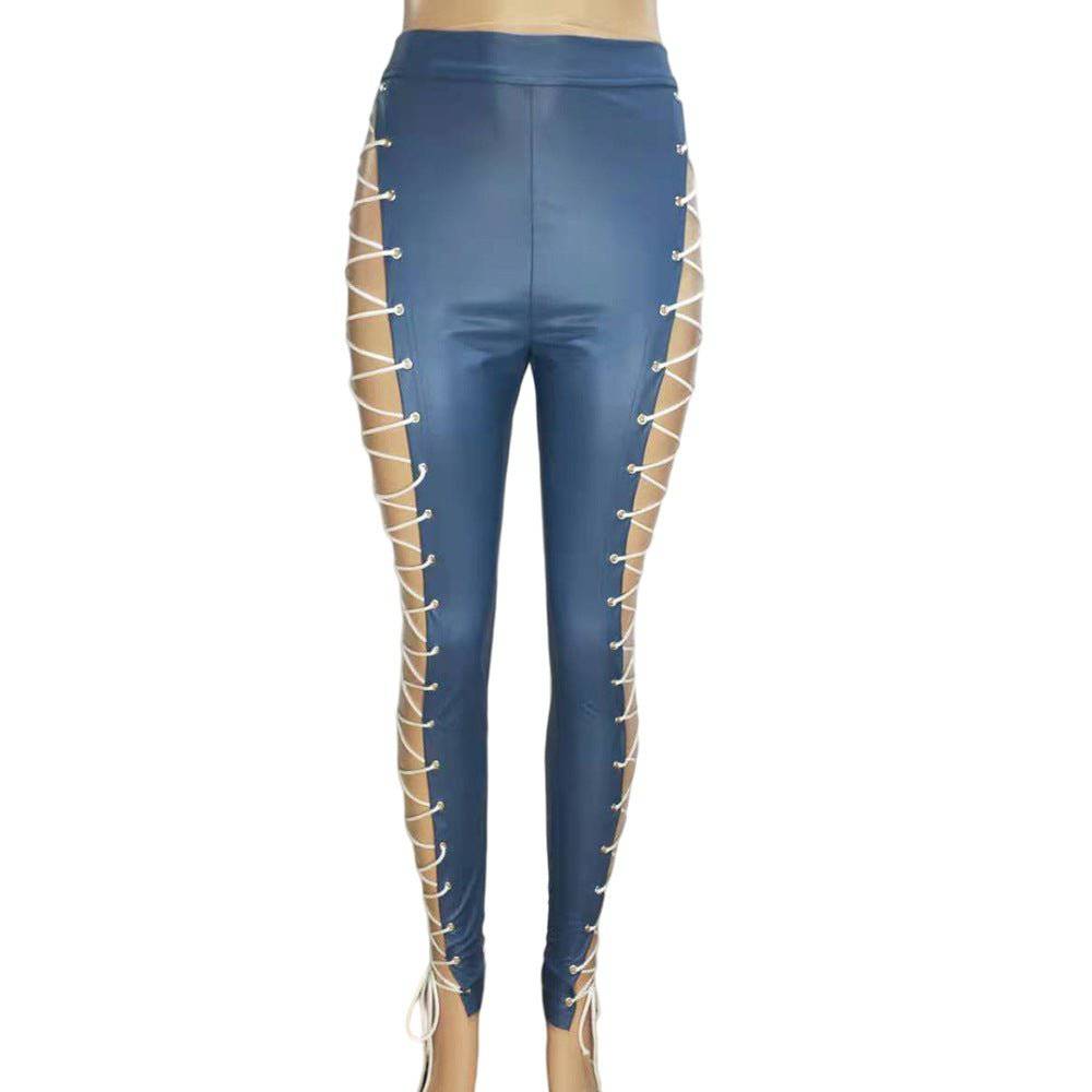 Criss Cross Strap Faux Leather Pants with Lace-Up Detail  S Blue 