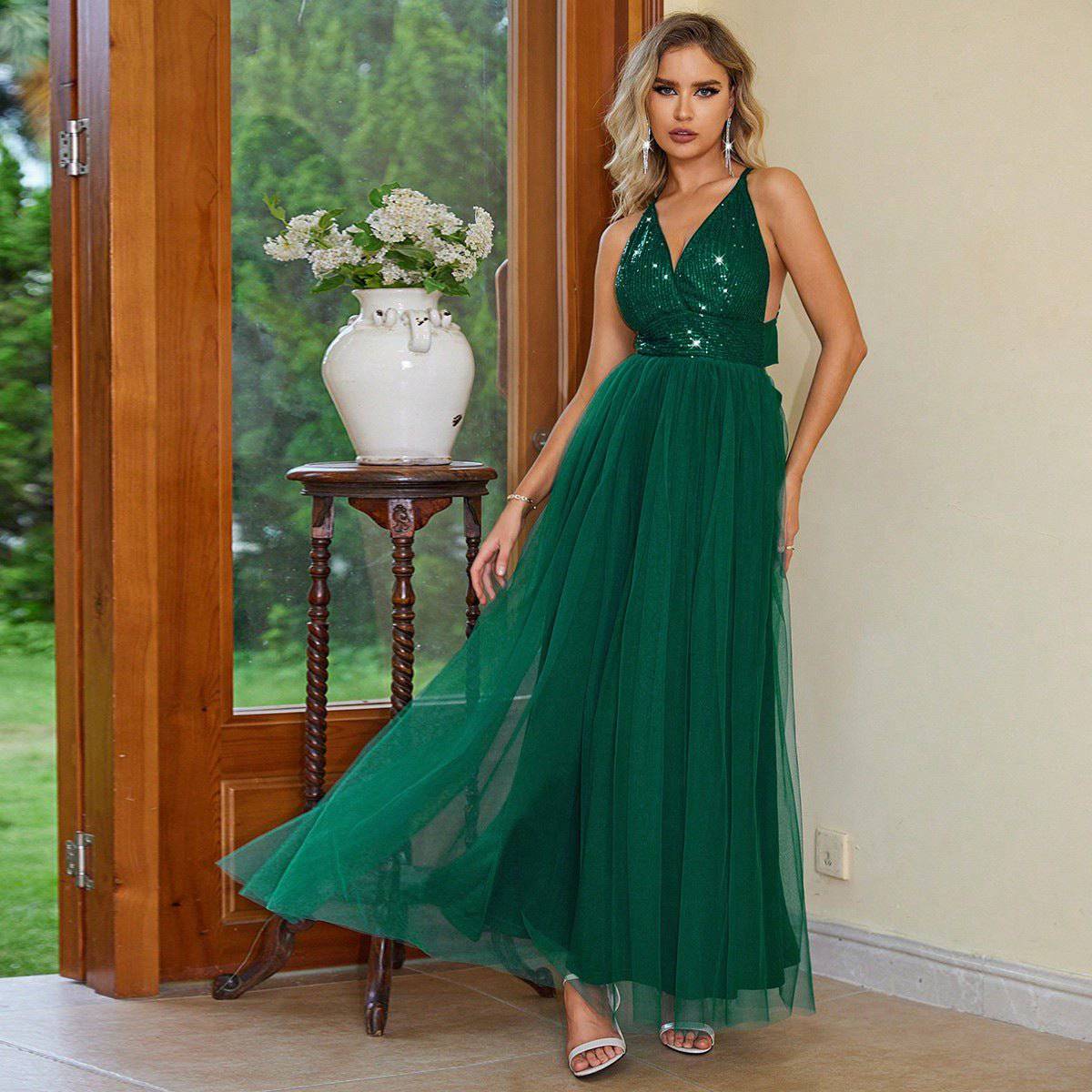 Cross Strap Backless Sequin Stitching Women's Maxi Dress    