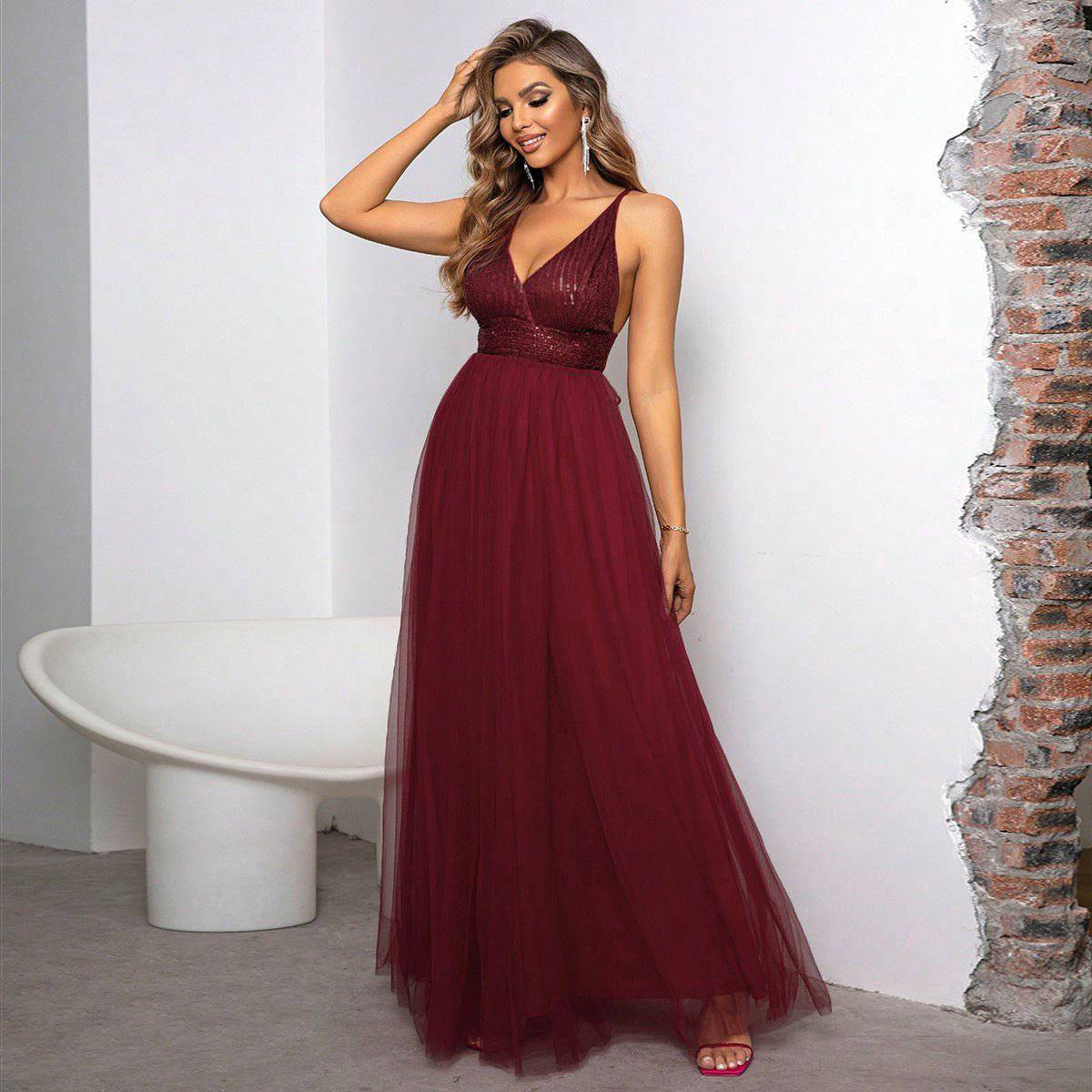 Cross Strap Backless Sequin Stitching Women's Maxi Dress  XS Winered 