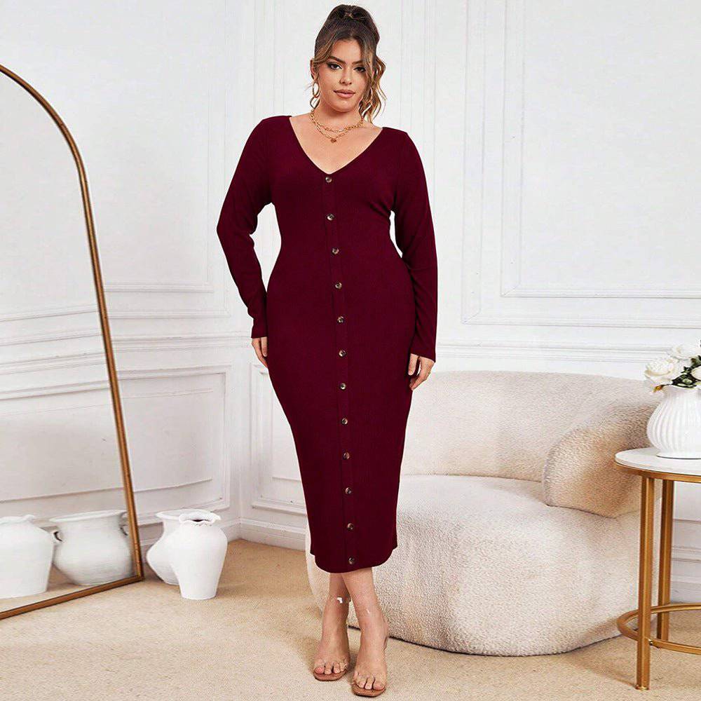 Curvy Confidence: Elegant V-Neck Maxi Dress for Autumn/Winter  1XL Burgundy 