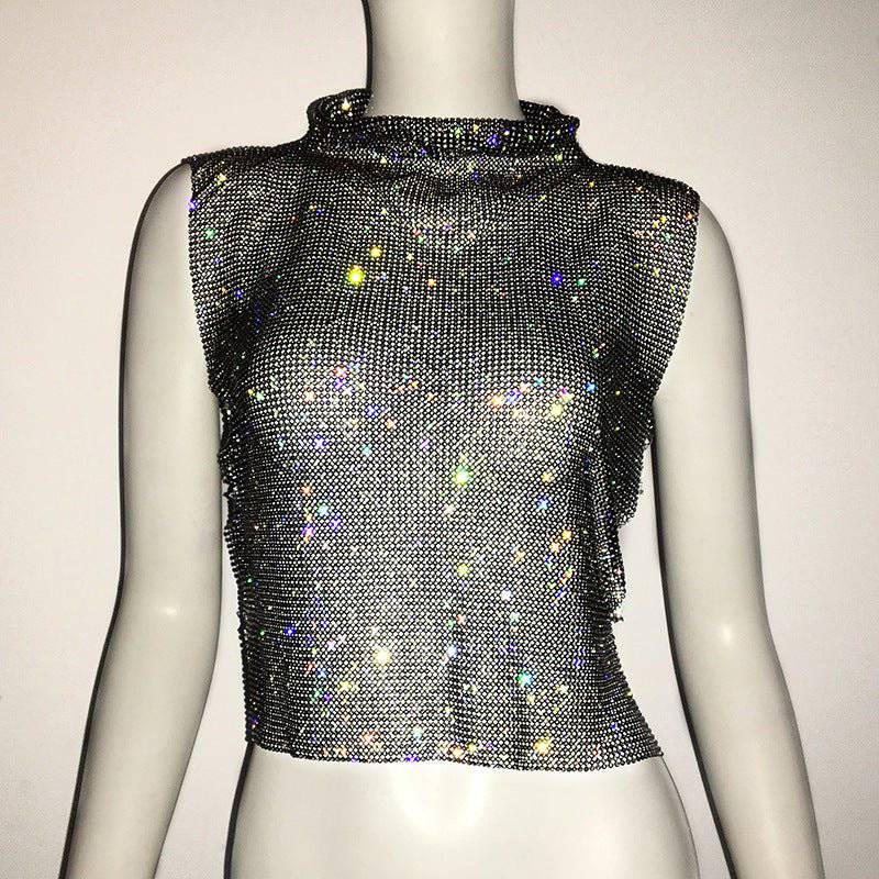 Dazzling Rhinestone Turtleneck Vest for Women  One Size Black 