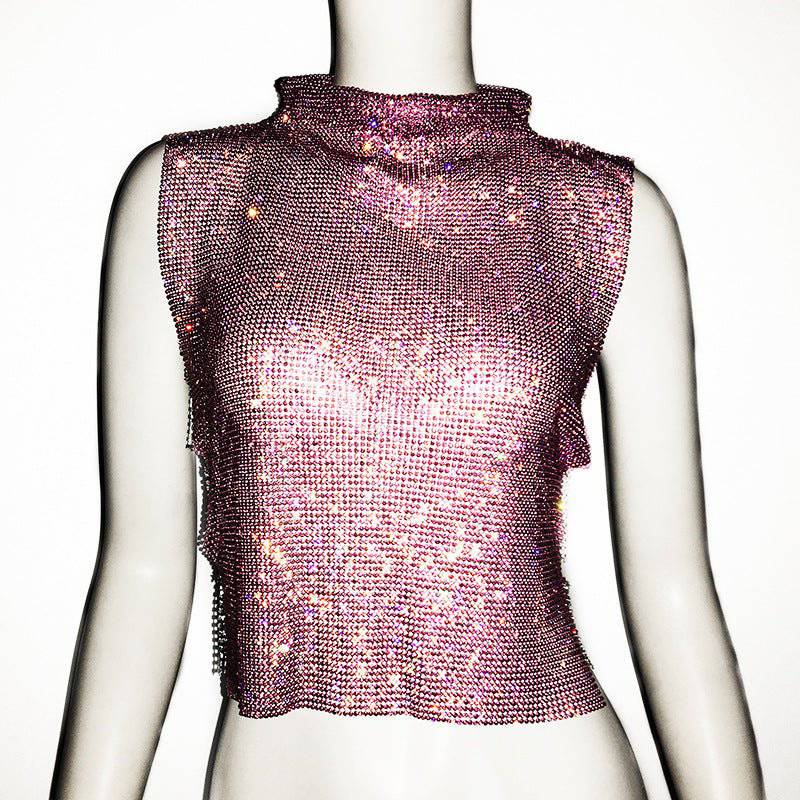 Dazzling Rhinestone Turtleneck Vest for Women  One Size Pink 