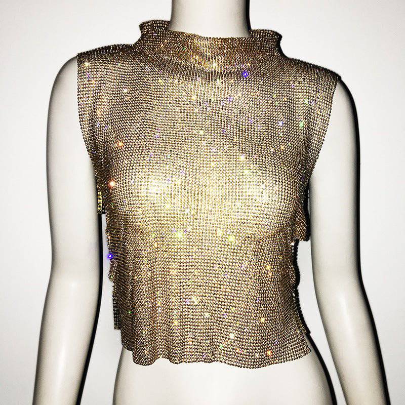 Dazzling Rhinestone Turtleneck Vest for Women  One Size Gold 