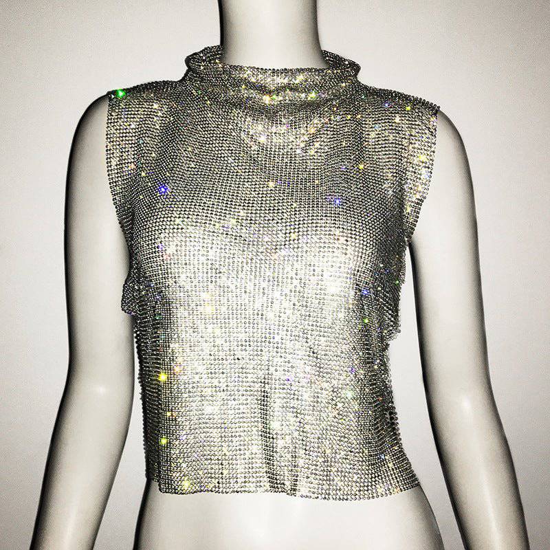 Dazzling Rhinestone Turtleneck Vest for Women  One Size Silver 