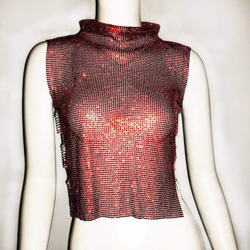 Dazzling Rhinestone Turtleneck Vest for Women  One Size Red 