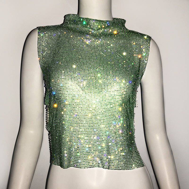 Dazzling Rhinestone Turtleneck Vest for Women  One Size Green 