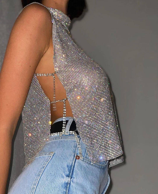 Dazzling Rhinestone Turtleneck Vest for Women    