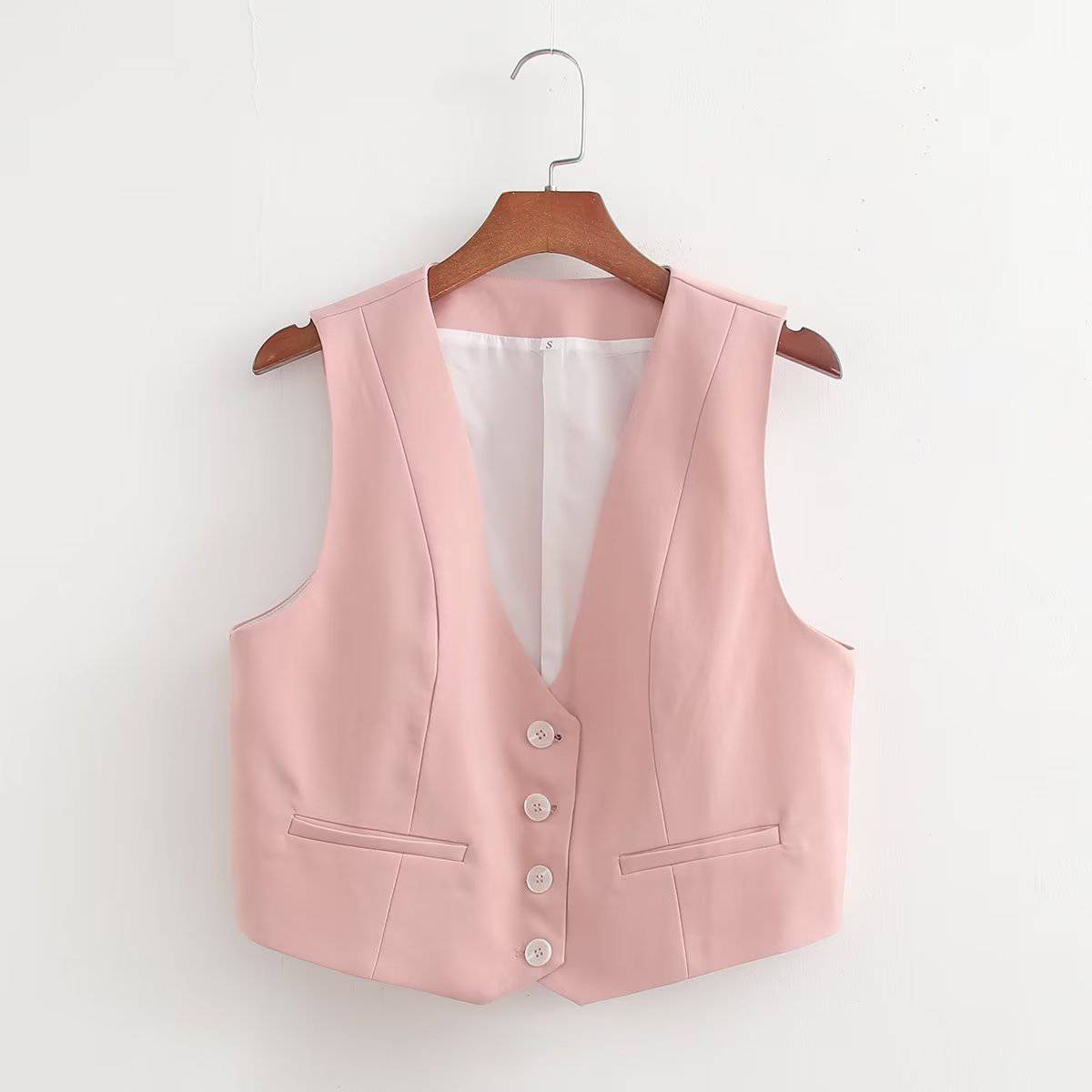 Deep V Plunge Neck Polyester Vest Cardigan for Summer Casual and Office Wear  S Pink 