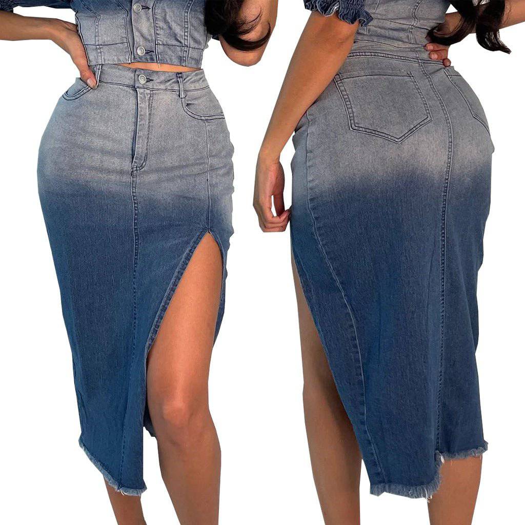 Denim Maxi Skirt with Stretchy Fabric and Split Design    