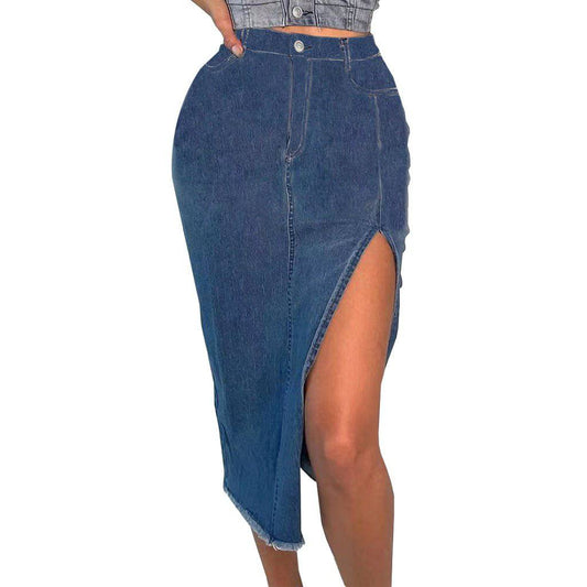 Denim Maxi Skirt with Stretchy Fabric and Split Design    