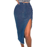 Denim Maxi Skirt with Stretchy Fabric and Split Design    