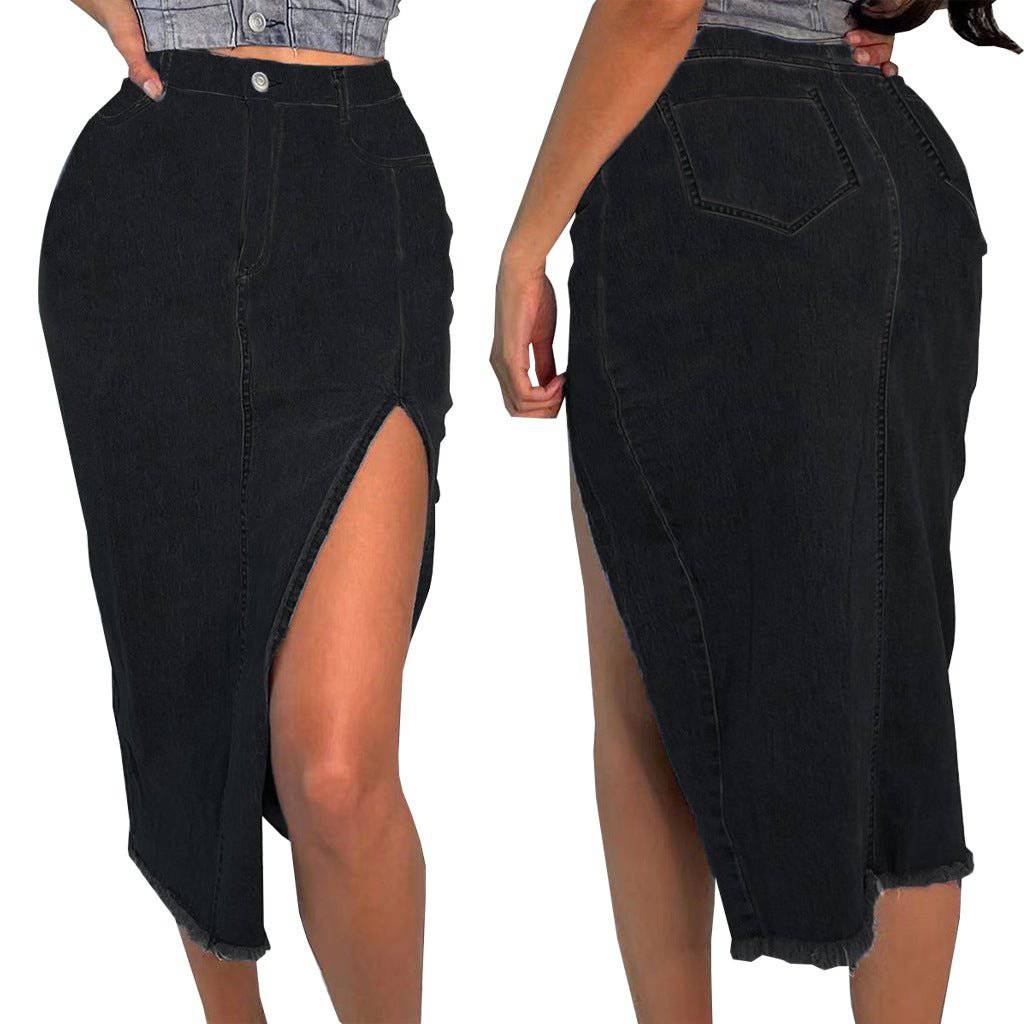 Denim Maxi Skirt with Stretchy Fabric and Split Design    