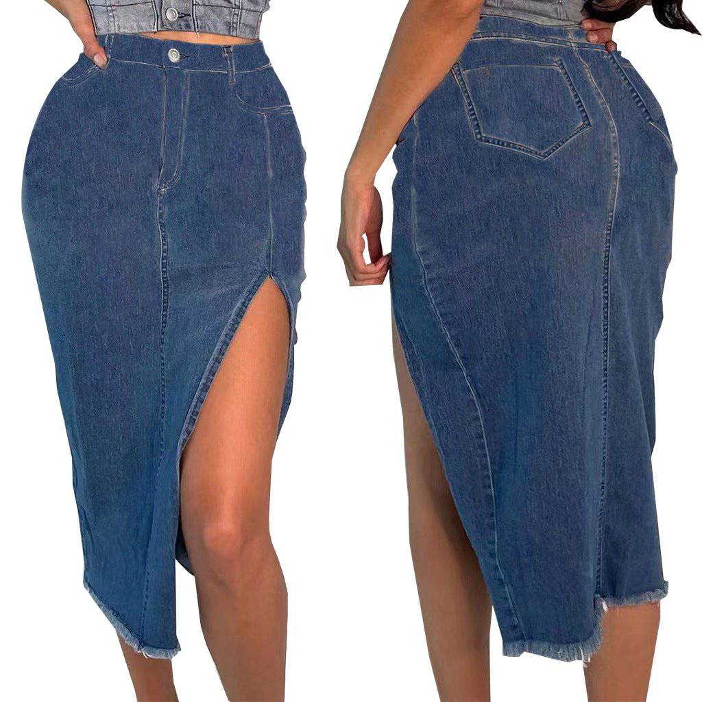 Denim Maxi Skirt with Stretchy Fabric and Split Design  S Blue 