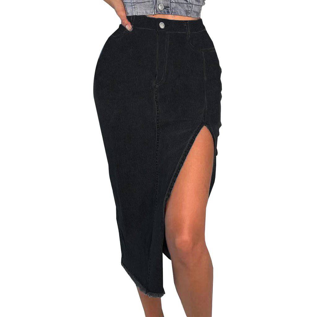 Denim Maxi Skirt with Stretchy Fabric and Split Design    