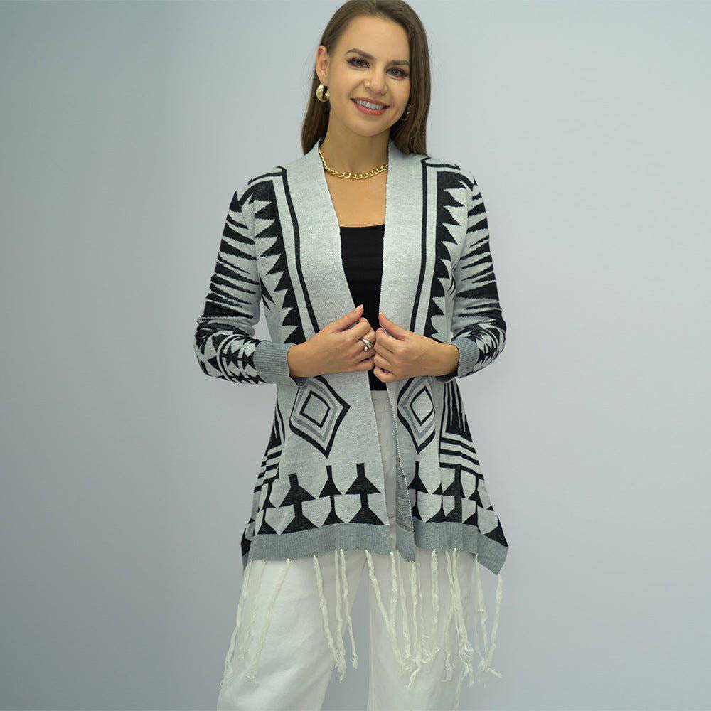 Diamond Plaid Tassel Knitted Shawl Cardigan Sweater for Women    