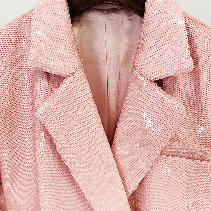 Double Breasted Sequin Pink Cotton Blazer for Elegant Spring/Fall Style    