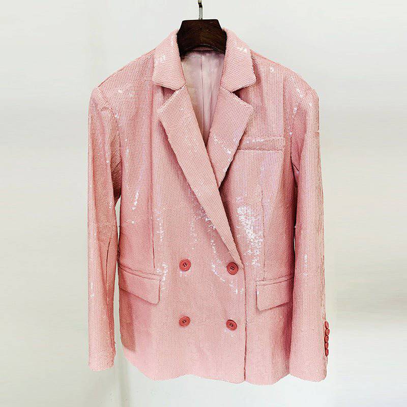 Double Breasted Sequin Pink Cotton Blazer for Elegant Spring/Fall Style  S Lotus root starch color 