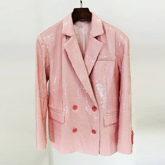 Double Breasted Sequin Pink Cotton Blazer for Elegant Spring/Fall Style    