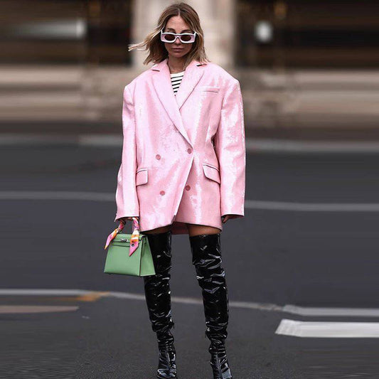 Double Breasted Sequin Pink Cotton Blazer for Elegant Spring/Fall Style    