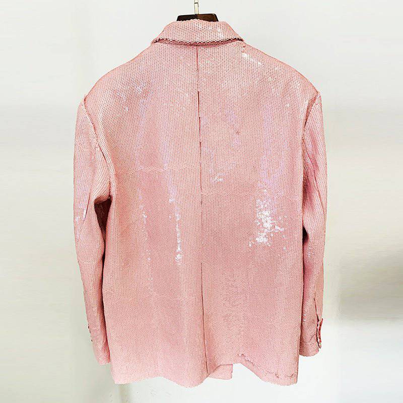 Double Breasted Sequin Pink Cotton Blazer for Elegant Spring/Fall Style    