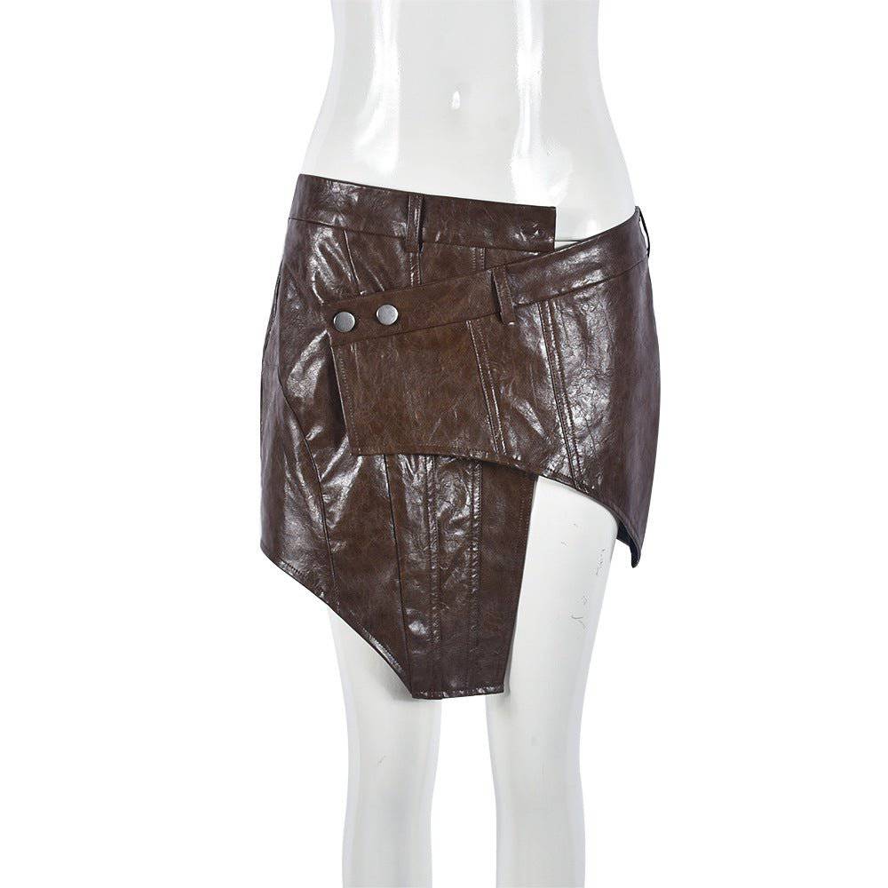 Edgy Glamour Asymmetric Faux Leather Short Skirt for Women  S Coffee 