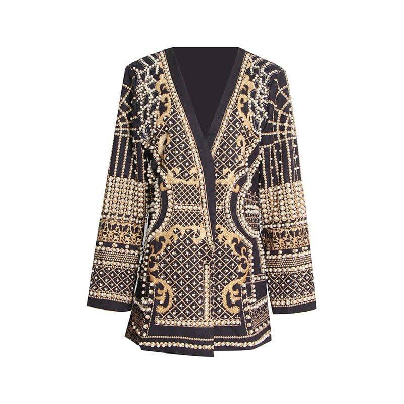 Elegant Autumn V Neck Long-Sleeved Printed Blazer with Bubble Beads    