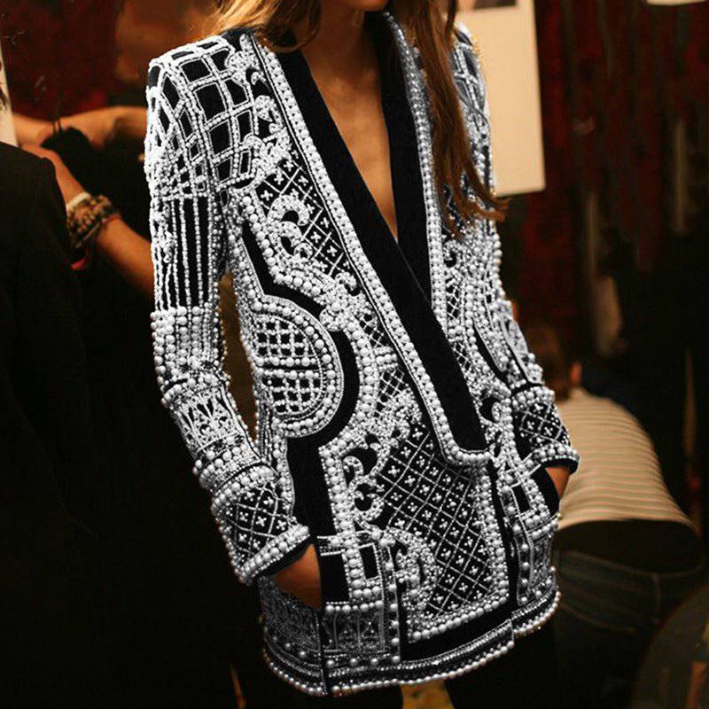 Elegant Autumn V Neck Long-Sleeved Printed Blazer with Bubble Beads  S White 