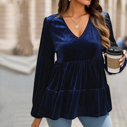 Elegant Autumn Velvet Ruffle Top    