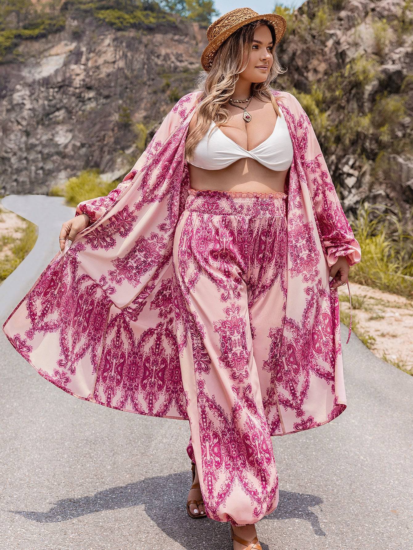 Elegant Autumn Winter Floral Suit for Plus Size Women  0XL Pink 