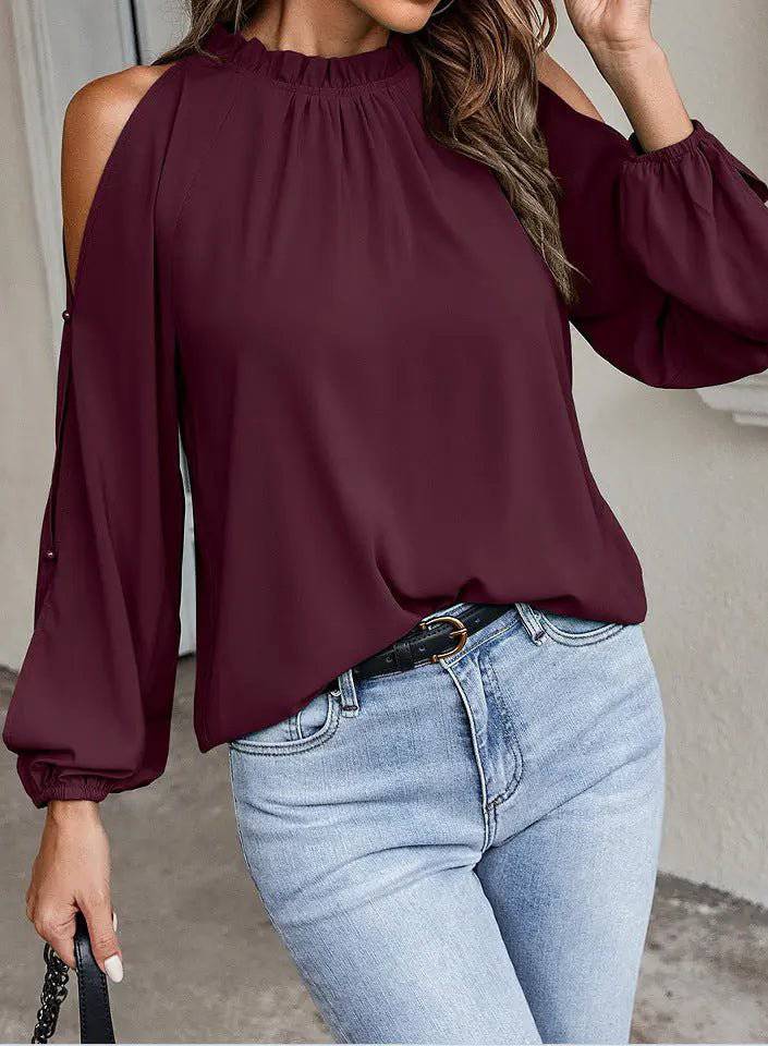 Elegant Autumn Winter Women's Off-Shoulder Blouse with Lotus Leaf Detail    