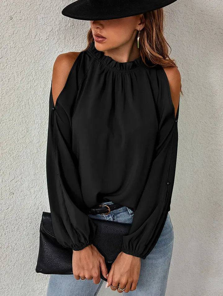 Elegant Autumn Winter Women's Off-Shoulder Blouse with Lotus Leaf Detail  S Black 