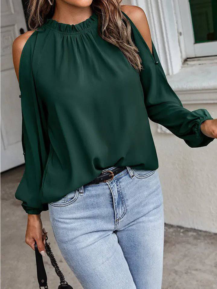 Elegant Autumn Winter Women's Off-Shoulder Blouse with Lotus Leaf Detail    